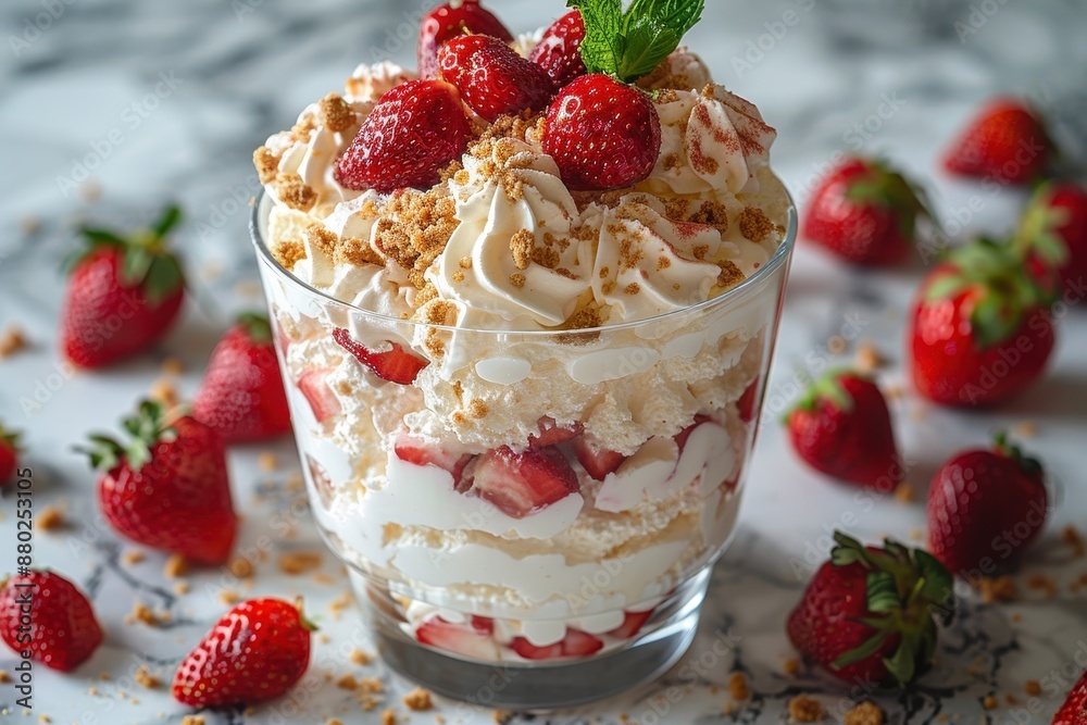 A serving of Eton mess, with crushed meringues, whipped cream, and fresh strawberries, arranged in a glass. A serving of Eton mess, with crushed meringues, whipped cream, and fresh strawberries, arranged in a glass.