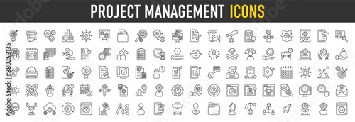project management icon set with Analysis, Success, Organization, Contract, Project Status, Video Marketing, Owner, Money Management and Management Service vector illustration.
