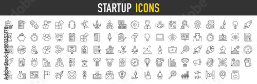 Startup icon set with Calendar, Long Term Planning, New Product, Franchise, Business Idea, Website, Target, Colleagues, Business Report, Data Security and Creative vector illustration.	
