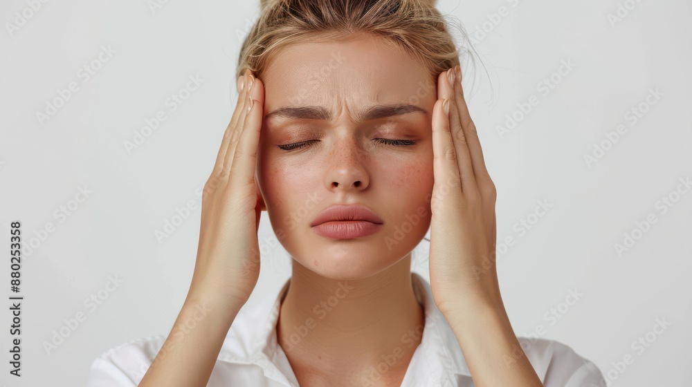 Woman with Headache Holding Temples. Woman with Headache Holding Temples.