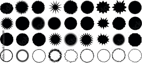 Jagged circle vector collection, spiky circular shapes, graphic elements, starburst designs, abstract round forms, decorative badge templates, isolated set for design projects