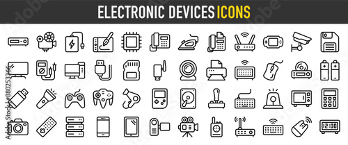 Electronic Devices icon set with Movie Projector, Power Bank, Graphic Tablet, Microchip, Telephone, Electric Iron, Fax Machine, Modem, Cctv Camera, Computer Diskette vector illustration.