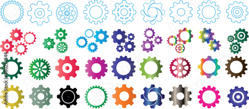 Colorful gear shapes vector cogwheel designs, abstract mechanical elements, retro industrial icons, decorative gears, engineering symbols, technical illustrations