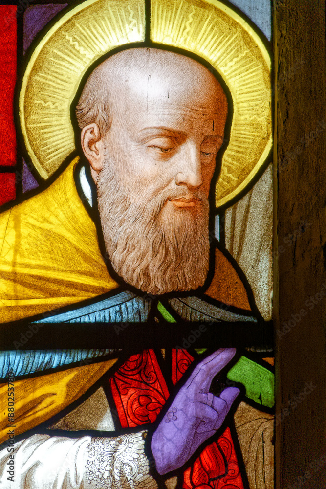 A stained glass of Saint Francis de Sales, founder of the Visitation Order. Vitrail de Saint François de Sales, fondateur de la Visitation. A stained glass of Saint Francis de Sales, founder of the Visitation Order. Vitrail de Saint François de Sales, fondateur de la Visitation.