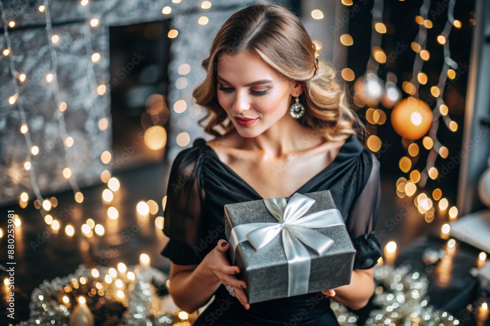 A woman in a stylish festive dress holds a gift box with a satin ribbon bow on a black background with a beautiful side. A woman in a stylish festive dress holds a gift box with a satin ribbon bow on a black background with a beautiful side.