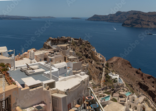 The Castle of St Nicholas, panoramic view of Santorini's white buildings and coastal cliffs overlooking the Aegean Sea