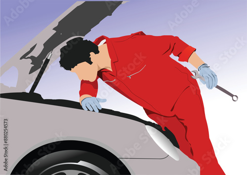 Mechanic inspecting car engine holding wrench