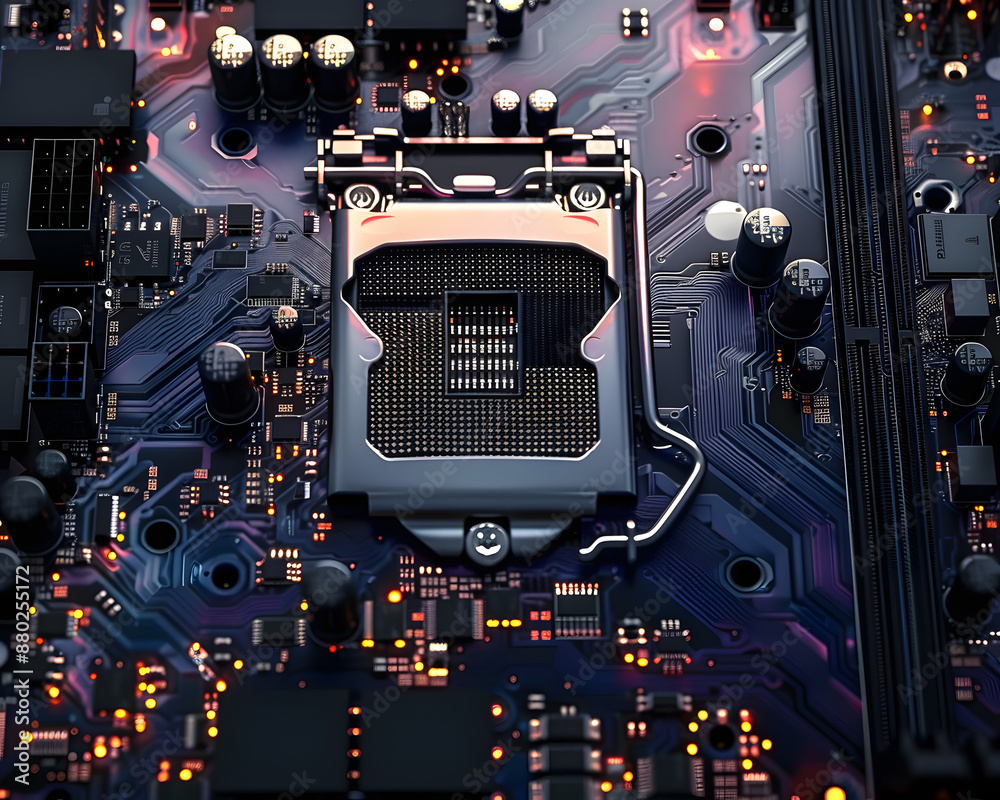 Fototapeta premium a computer motherboard. Make the details of the circuitry and components more visible and realistic.