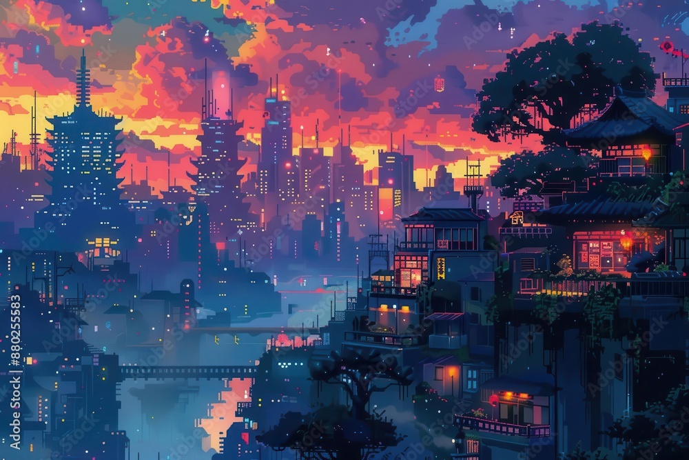 Fototapeta premium Stunning digital illustration of a vibrant sunset cityscape with a blend of traditional and futuristic architecture by the river.