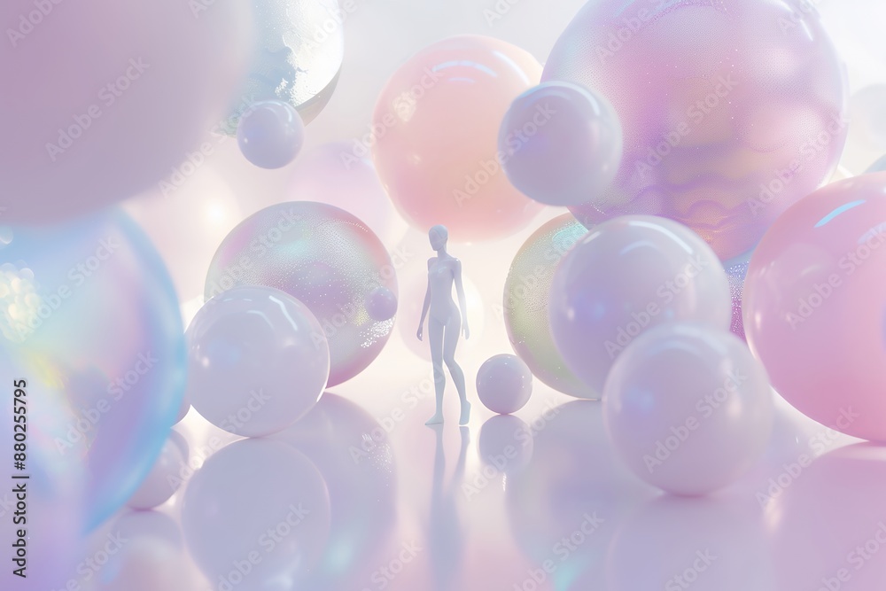 3D render of a white abstract female figure floating in large pastel spheres against a gradient background, with a minimalistic, soft lighting and ethereal aesthetic. The scene uses pastel colors with 3D render of a white abstract female figure floating in large pastel spheres against a gradient background, with a minimalistic, soft lighting and ethereal aesthetic. The scene uses pastel colors with