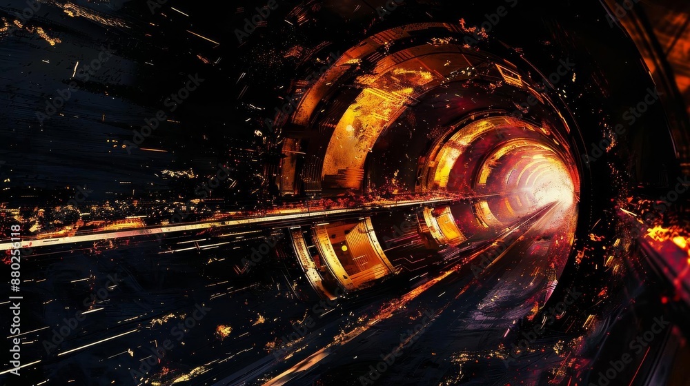 Naklejka premium A highspeed light tunnel featuring bright blue lines that curve and twist towards a distant vanishing point The scene gives a sense of rapid movement through a futuristic