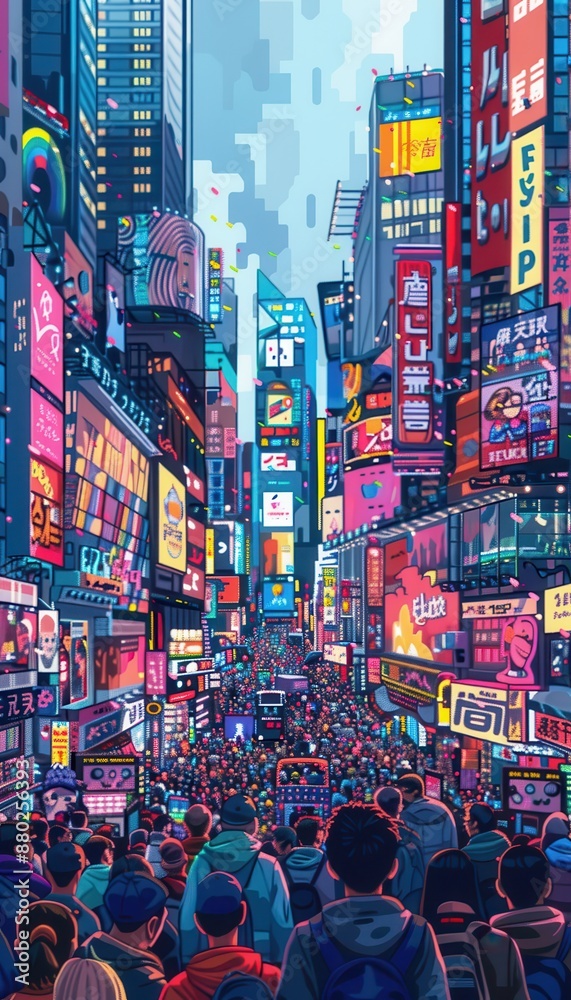 Vivid illustration of a bustling city street at night filled with colorful neon signs, crowds, and towering skyscrapers. Vivid illustration of a bustling city street at night filled with colorful neon signs, crowds, and towering skyscrapers.