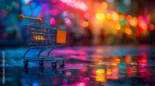 Shopping Cart on Vibrant Street at Night - Generative AI photo