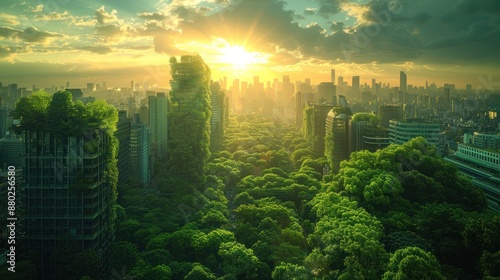 Cityscape Overgrown by Nature at Sunset