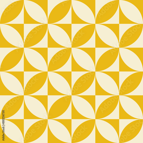 Retro vintage seamless pattern in style 60s, 70s. Monochrome geometric background. Mid century art print. Yellow and beige colors. Vector illustration