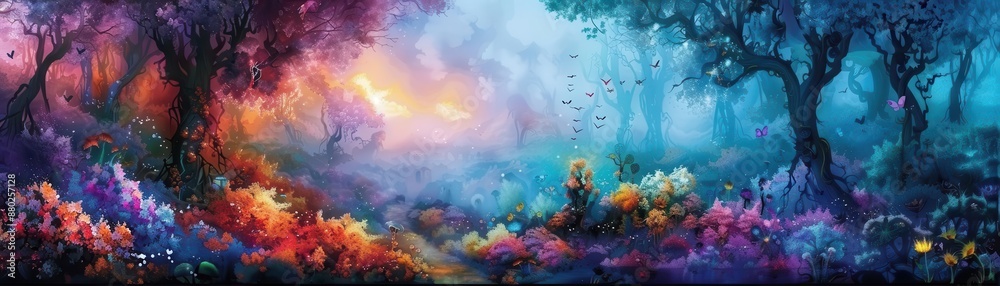 A vibrant fantasy landscape with lush vegetation, colorful flowers, and a mystical atmosphere, illuminated by soft, ethereal light. A vibrant fantasy landscape with lush vegetation, colorful flowers, and a mystical atmosphere, illuminated by soft, ethereal light.