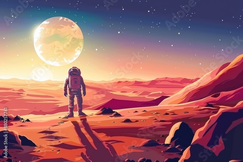 A man in a spacesuit walks across a red planet