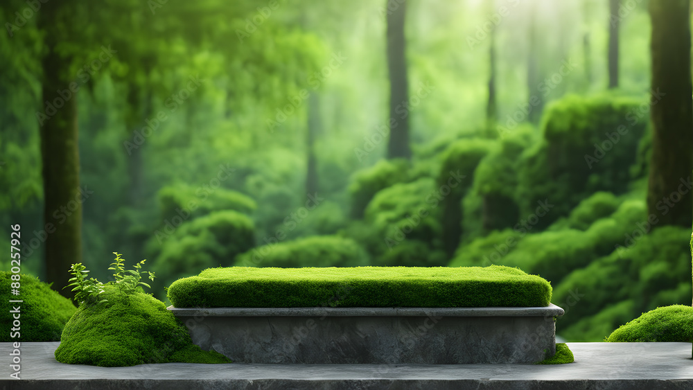 A small green grassy area with a stone bench in the middle of a forest A small green grassy area with a stone bench in the middle of a forest