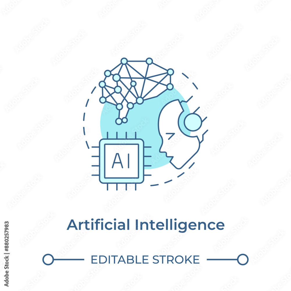 Artificial intelligence soft blue concept icon. Cognitive computing. Machine learning technology. Robotics. Round shape line illustration. Abstract idea. Graphic design. Easy to use in article Artificial intelligence soft blue concept icon. Cognitive computing. Machine learning technology. Robotics. Round shape line illustration. Abstract idea. Graphic design. Easy to use in article
