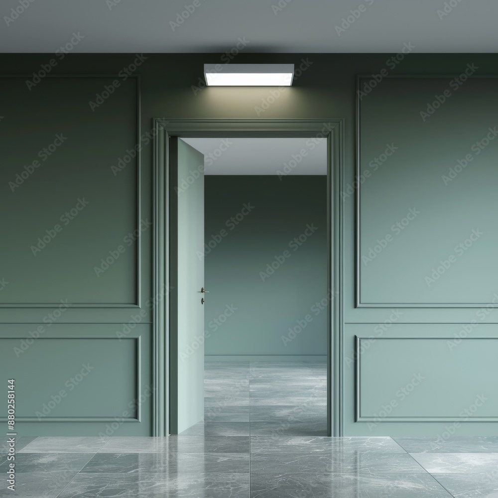 Modern minimalistic interior with open door and green walls Modern minimalistic interior with open door and green walls