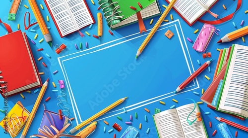 A vibrant school-themed banner featuring books, pencils, and a large empty area for text.