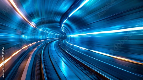A highspeed light tunnel featuring bright blue lines that curve and twist towards a distant vanishing point The scene gives a sense of rapid movement through a futuristic
