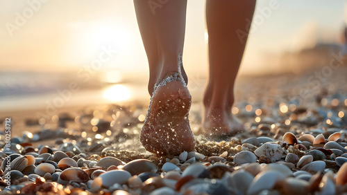 How can I be told that I had a good time playing on a beach made up of large and small soft pebbles? A close-up of the pebbles sparkling wet with water.