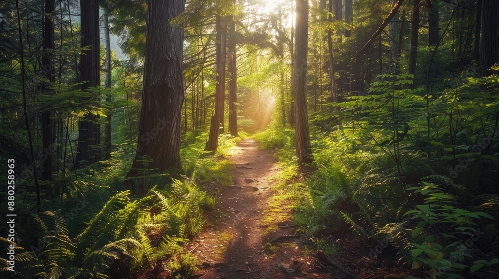Obraz premium Photorealistic Summer Forest Hiking Trail | Summer Background | Photorealistic