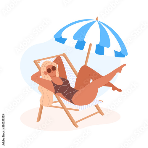 Vector flat illustation of girl on the beach with natural colors