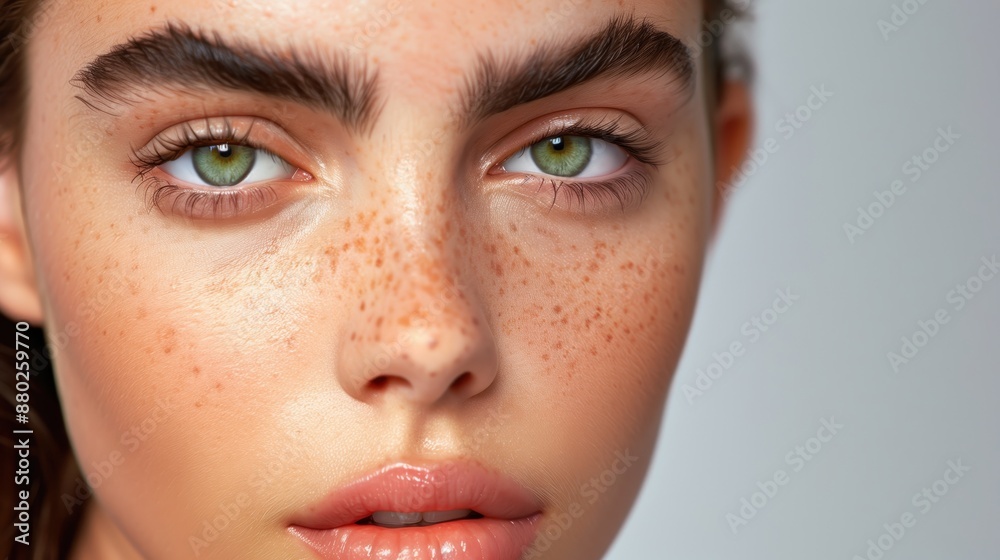 a young woman with green eyes and freckles