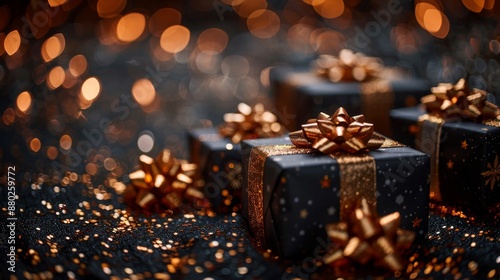 Luxurious Black and Gold Gift Boxes with Glittering Background - Generative AI photo