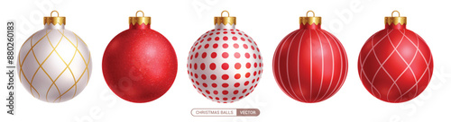 Christmas balls red vector set design. Christmas red and silver ball ornament with elegant shiny and glitter pattern for xmas round shape elements collection. Vector illustration 3d realistic bauble 