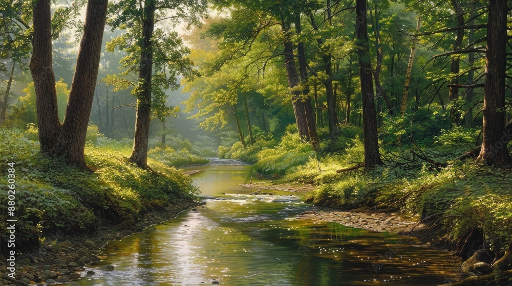 Obraz premium Photorealistic Summer Forest River | Summer Background | Photorealistic