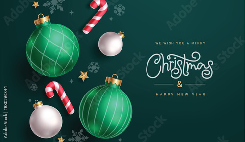 Christmas greeting vector background design. Merry Christmas and happy new year invitation card with xmas pattern balls, candy cane, snowflakes and stars elements in green elegant background. Vector 