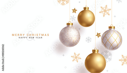 Merry christmas greeting vector design. Christmas balls hanging with gold, glitter, shiny and glossy elements in snowflakes pattern elegant background. Vector illustration holiday season card design. 
