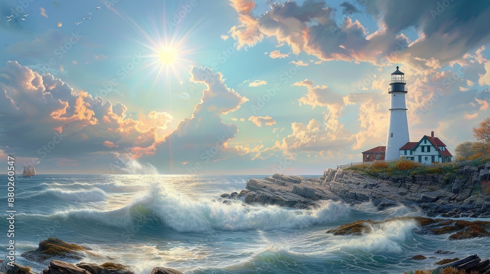 Photorealistic Summer New England Lighthouse | Summer Background | Photorealistic Photorealistic Summer New England Lighthouse | Summer Background | Photorealistic