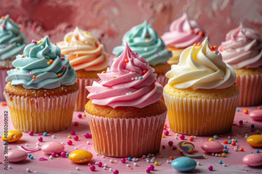 Colorful Cupcakes on a Pink Background