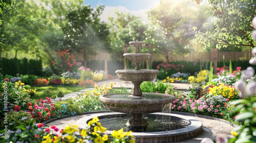 Photorealistic Summer Flower Garden with Fountain | Summer Background | Photorealistic Photorealistic Summer Flower Garden with Fountain | Summer Background | Photorealistic