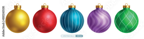 Christmas balls colorful vector set design. Colorful 3d realistic christmas ball with glitter, glossy, spiral pattern isolated in white background for holiday season elements. Vector illustration xmas