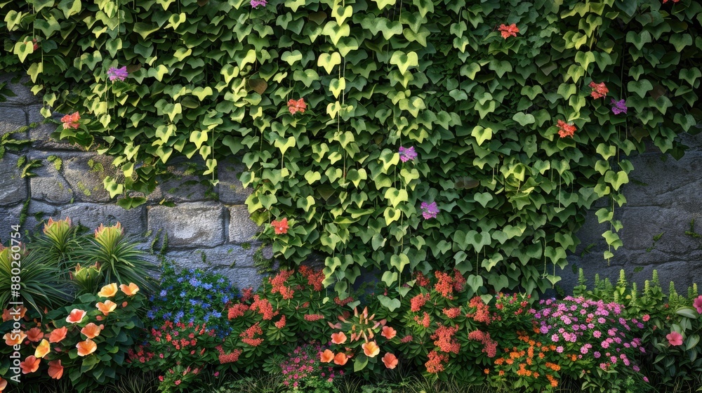 Fototapeta premium A garden wall covered in a lush green ivy, with a variety of blooming flowers at its base.