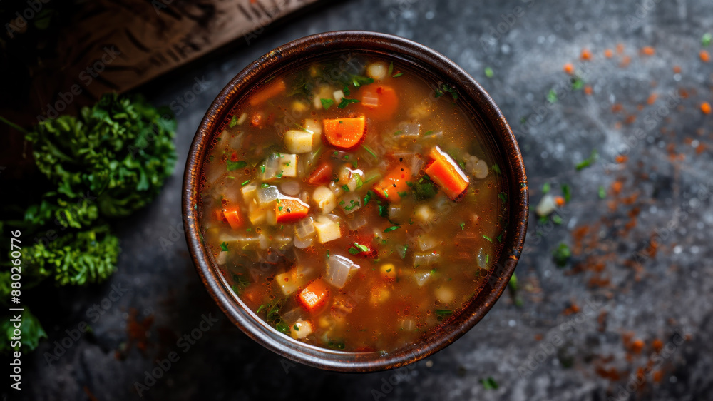 A top-down image of a bowl of homemade vegetable soup on a kitchen counter. A healthy, hearty lunch of carrots, potatoes, chickpeas, onions and other veggies in a broth. A top-down image of a bowl of homemade vegetable soup on a kitchen counter. A healthy, hearty lunch of carrots, potatoes, chickpeas, onions and other veggies in a broth.