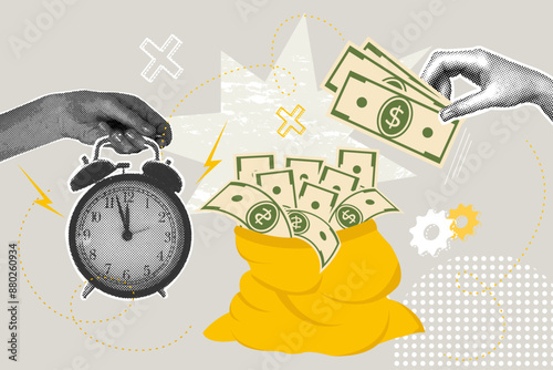 Trendy halftone business concept collage. Concept of idea, savings, financial planning,financial profit. Trendy modern retro illustration. Vector illustration