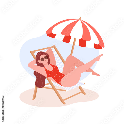 Vector flat illustation of girl on the beach with natural colors