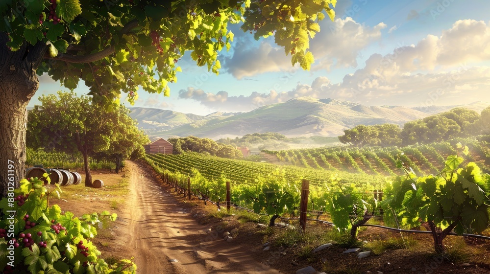 Naklejka premium Photorealistic Summer Vineyard Experience | Summer Background | Photorealistic