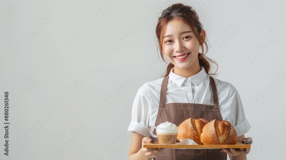 Asian female waitress The barista wears an apron. Holding bread and coffee drinks on a wooden tray Smiling warmly, welcoming customers to her coffee shop. Asian female waitress The barista wears an apron. Holding bread and coffee drinks on a wooden tray Smiling warmly, welcoming customers to her coffee shop.
