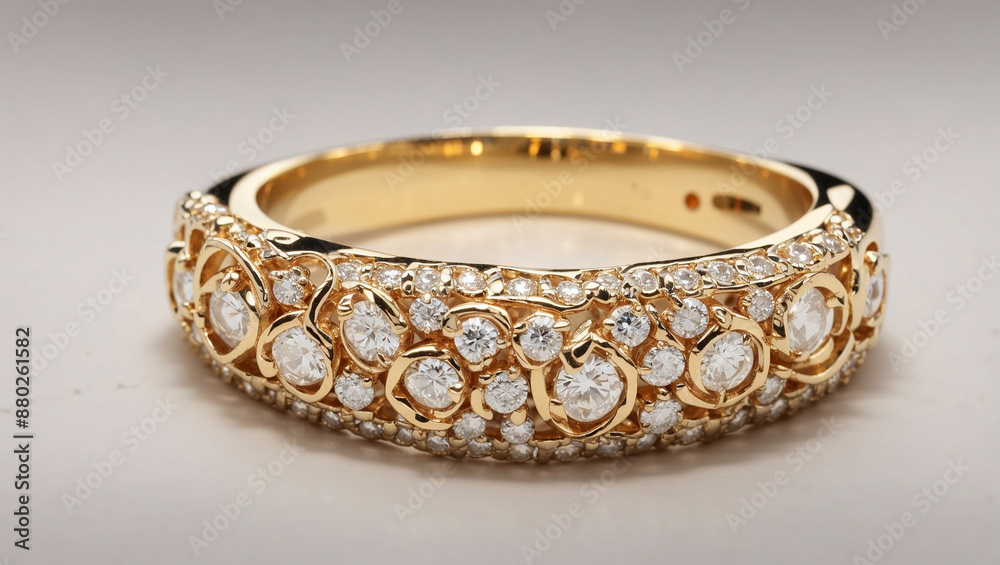 It's a gold ring with many small diamonds set in a delicate pattern.
It's a gold ring with many small diamonds set in a delicate pattern.