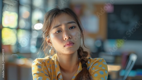 Photograph of a young Asian woman suffering from neck pain in the office.