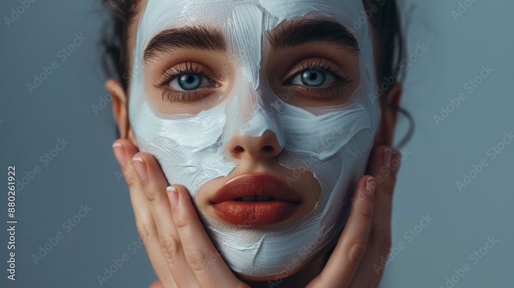 Woman covers her face with blue cream, takes care of her face Woman covers her face with blue cream, takes care of her face