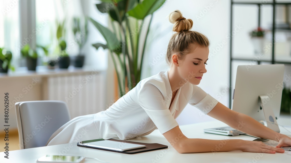 Young woman in a white blouse stretching at her desk in a bright, modern office setting during a break.