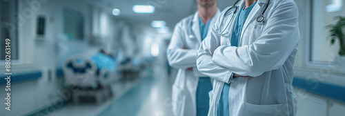 Two male doctors in white coats and scrubs, stand against a hospital backdrop. Copy space template, and website banner for hospital, medical center, and healthcare concept